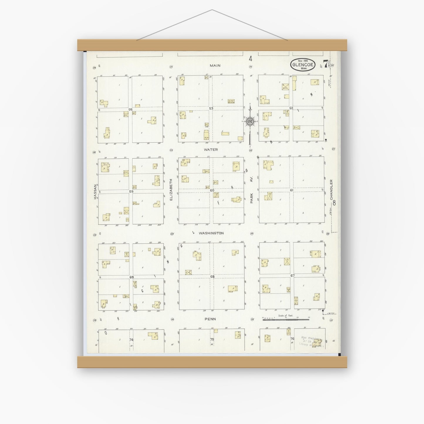 Old map wall art mockup — magnetic wood frame on white wall — Sanborn Fire Insurance Map from Glencoe, Mcleod County, Minnesota (1914), Sheet #0007