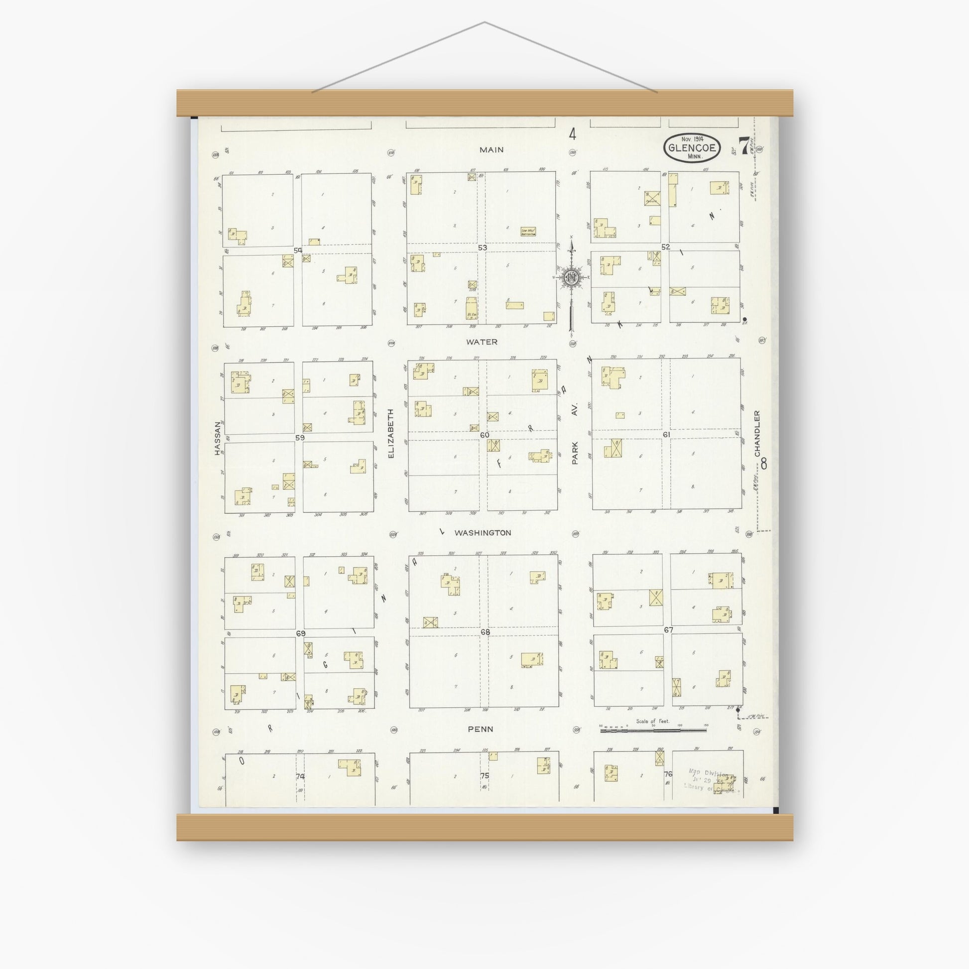 Old map wall art mockup — magnetic wood frame on white wall — Sanborn Fire Insurance Map from Glencoe, Mcleod County, Minnesota (1914), Sheet #0007