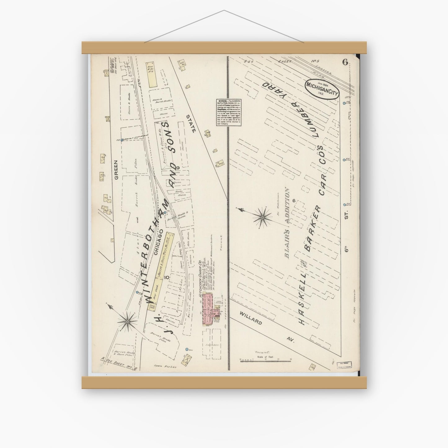 Old map wall art mockup — magnetic wood frame on white wall — Sanborn Fire Insurance Map from Michigan City, La Porte  County, Indiana (1884), Sheet #0006