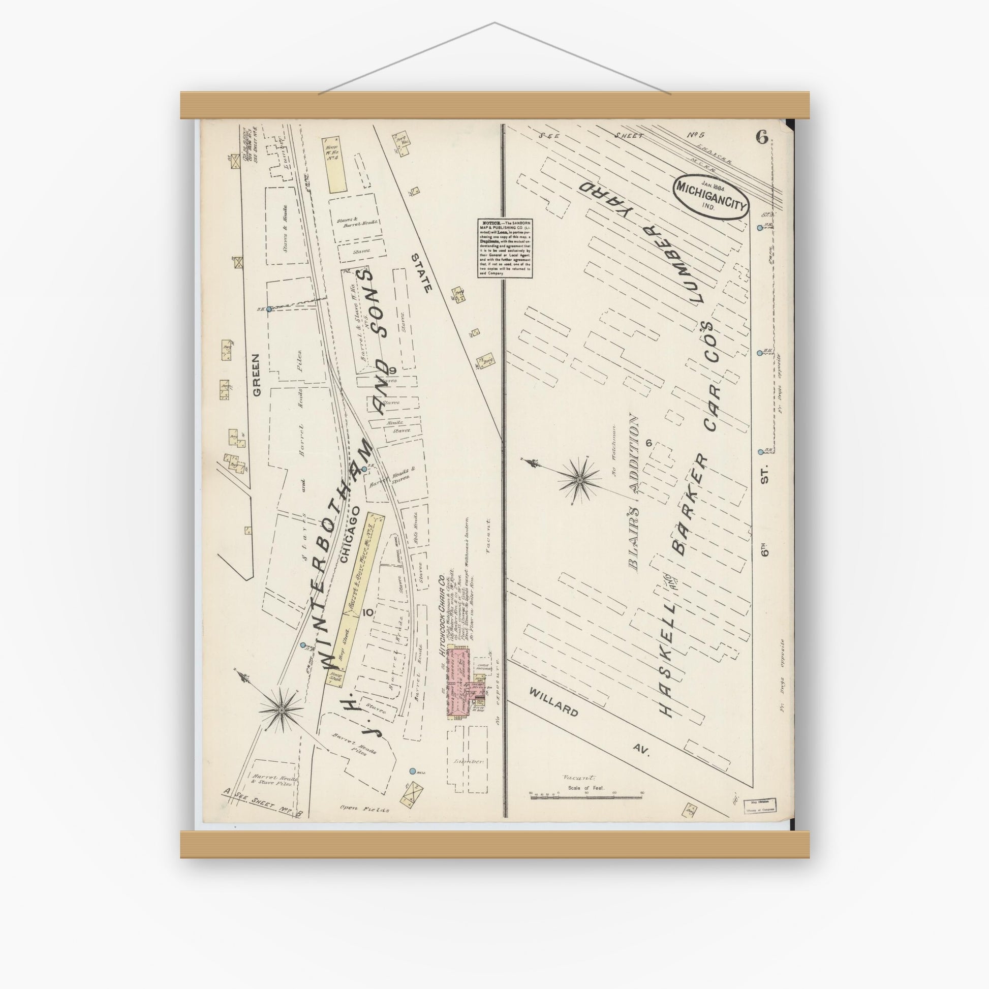 Old map wall art mockup — magnetic wood frame on white wall — Sanborn Fire Insurance Map from Michigan City, La Porte  County, Indiana (1884), Sheet #0006