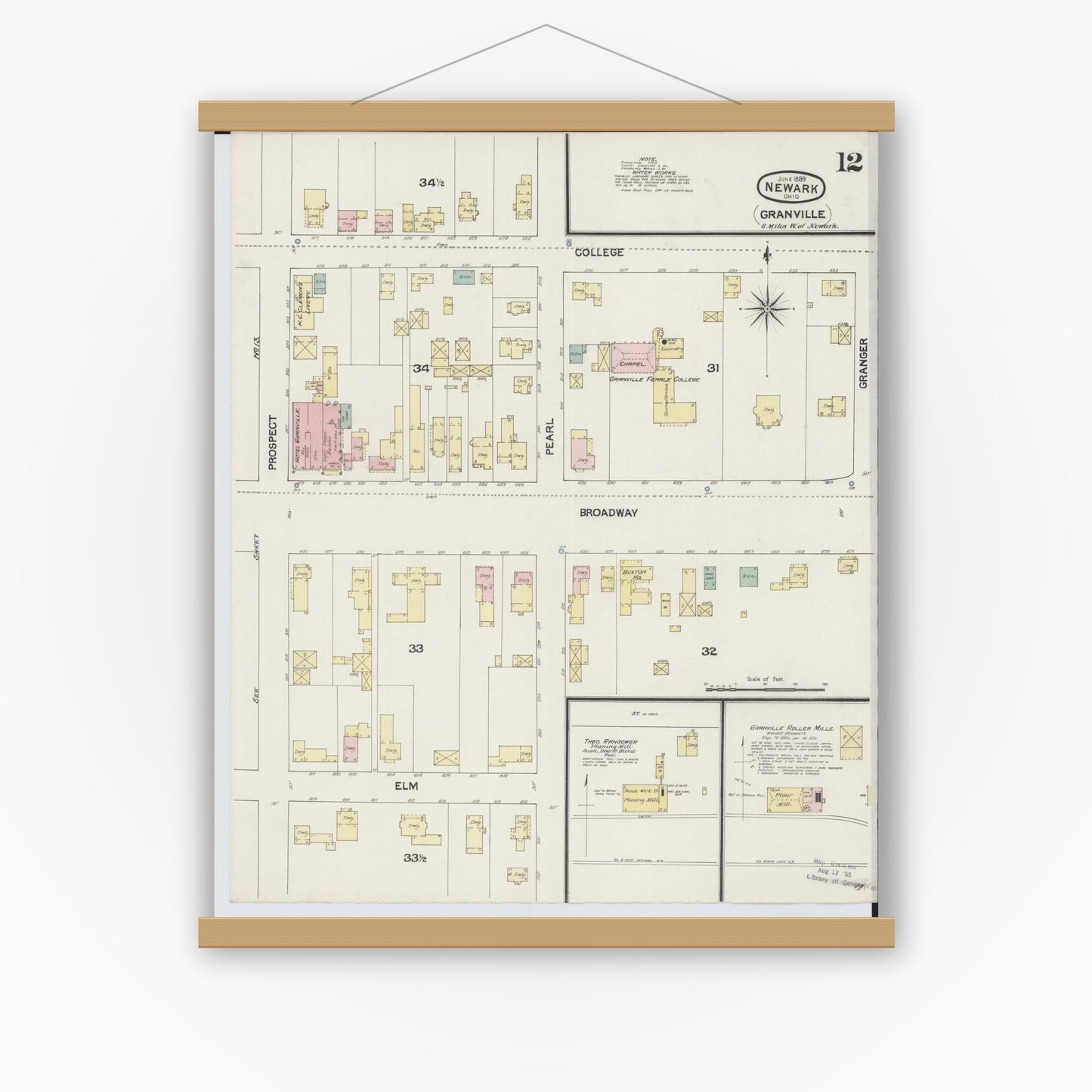 Old map wall art mockup — magnetic wood frame on white wall — Sanborn Fire Insurance Map from Newark, Licking County, Ohio (1889), Sheet #0012