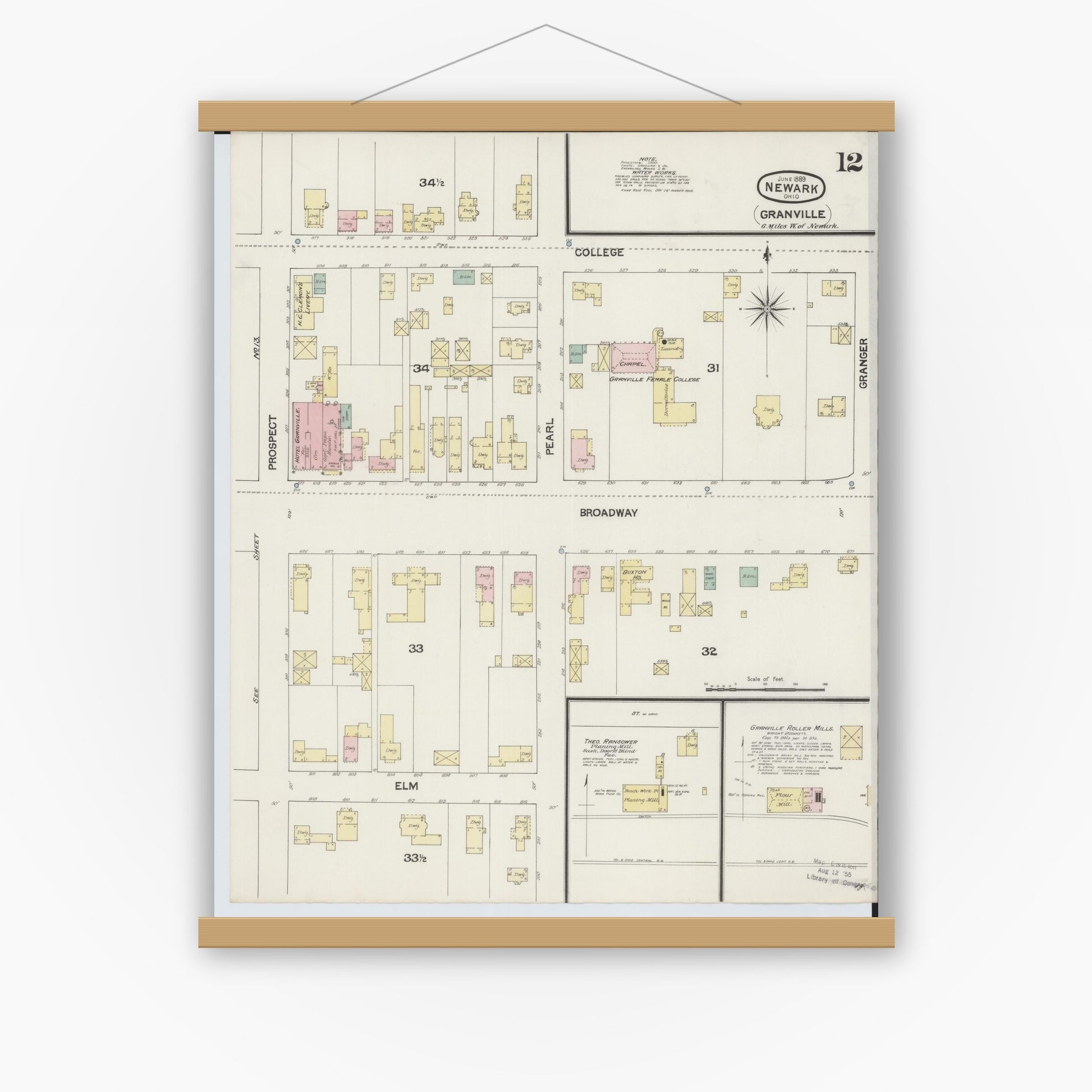 Old map wall art mockup — magnetic wood frame on white wall — Sanborn Fire Insurance Map from Newark, Licking County, Ohio (1889), Sheet #0012