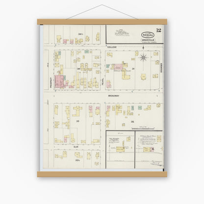 Old map wall art mockup — magnetic wood frame on white wall — Sanborn Fire Insurance Map from Newark, Licking County, Ohio (1889), Sheet #0012