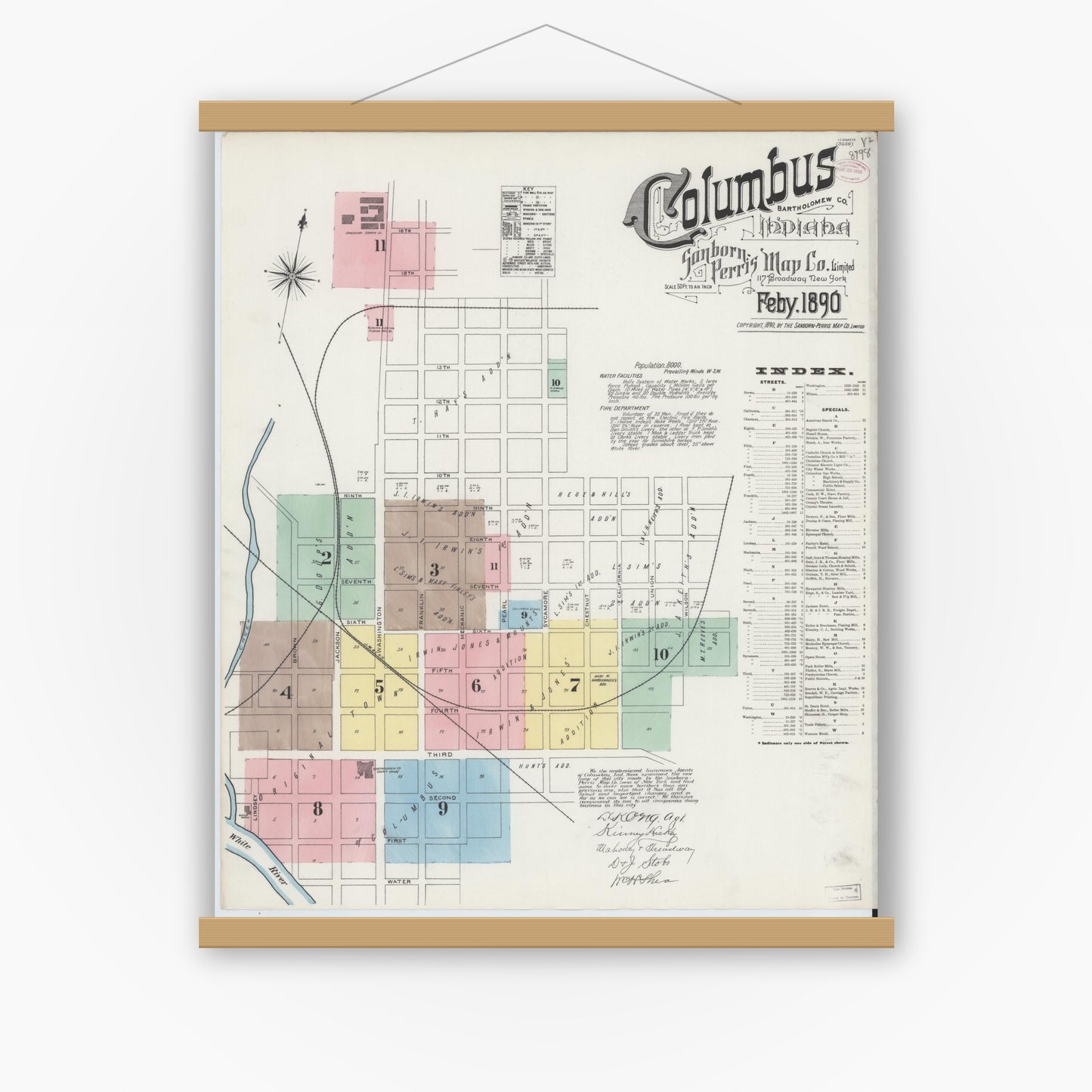 Old map wall art mockup — magnetic wood frame on white wall — Sanborn Fire Insurance Map from Columbus, Bartholomew County, Indiana (1890) - Complete Map Set