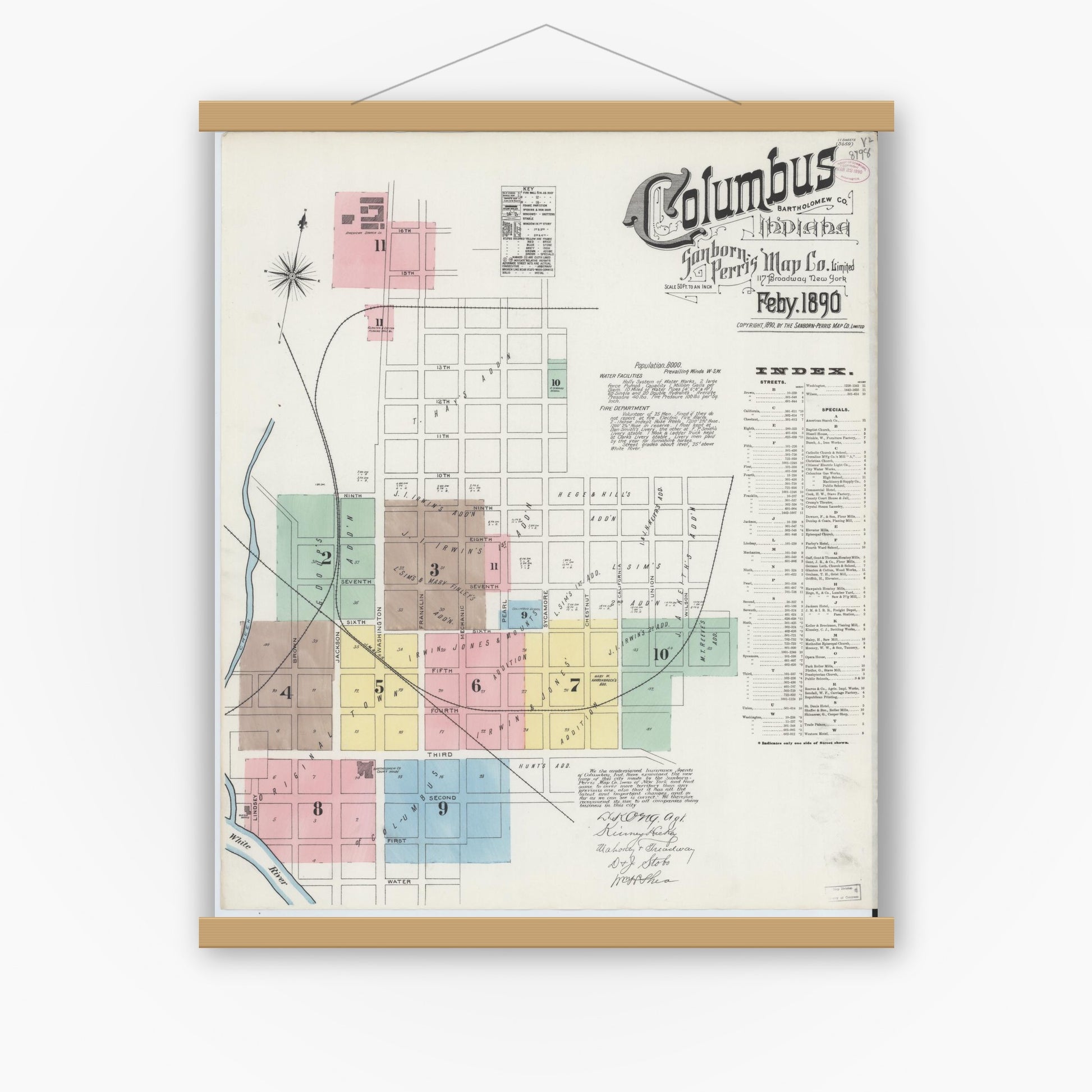 Old map wall art mockup — magnetic wood frame on white wall — Sanborn Fire Insurance Map from Columbus, Bartholomew County, Indiana (1890) - Complete Map Set