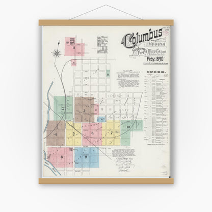 Old map wall art mockup — magnetic wood frame on white wall — Sanborn Fire Insurance Map from Columbus, Bartholomew County, Indiana (1890) - Complete Map Set