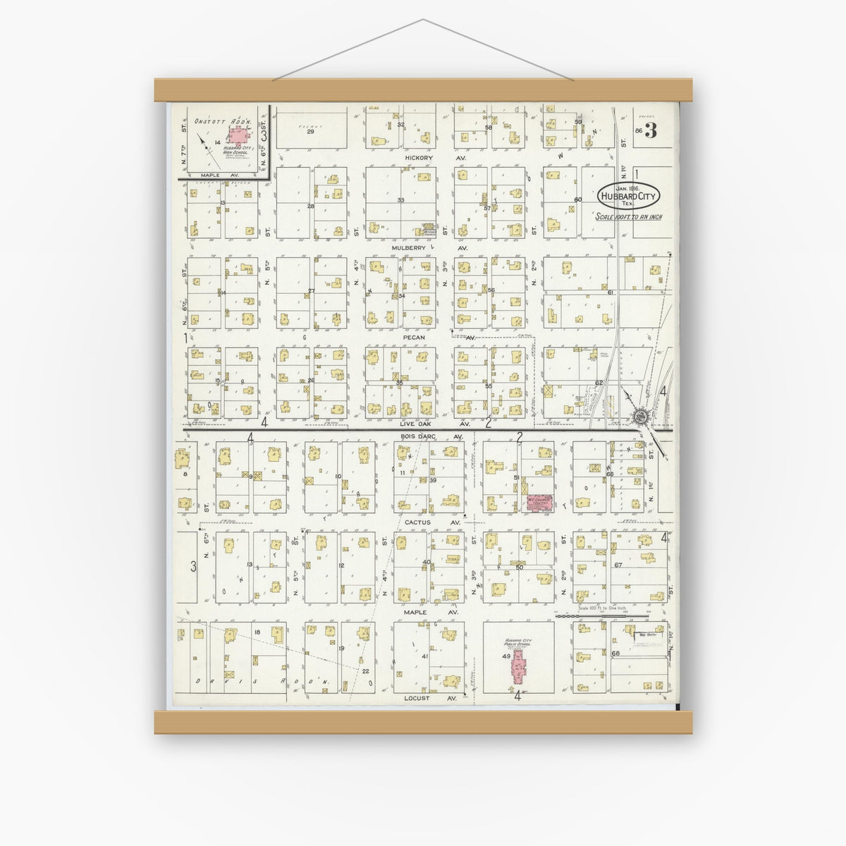Old map wall art mockup — magnetic wood frame on white wall — Sanborn Fire Insurance Map from Hubbard, Hill County, Texas (1916), Sheet #0003