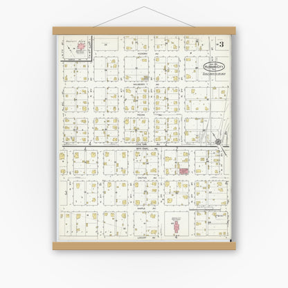 Old map wall art mockup — magnetic wood frame on white wall — Sanborn Fire Insurance Map from Hubbard, Hill County, Texas (1916), Sheet #0003