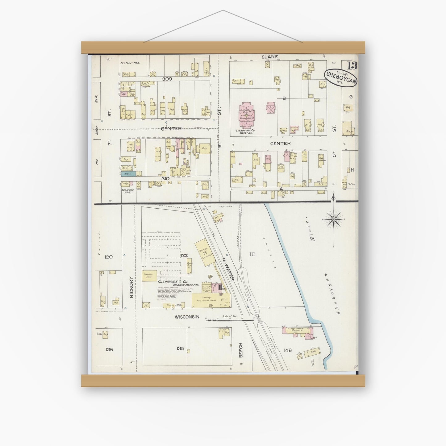 Old map wall art mockup — magnetic wood frame on white wall — Sanborn Fire Insurance Map from Sheboygan, Sheboygan County, Wisconsin (1887), Sheet #0013