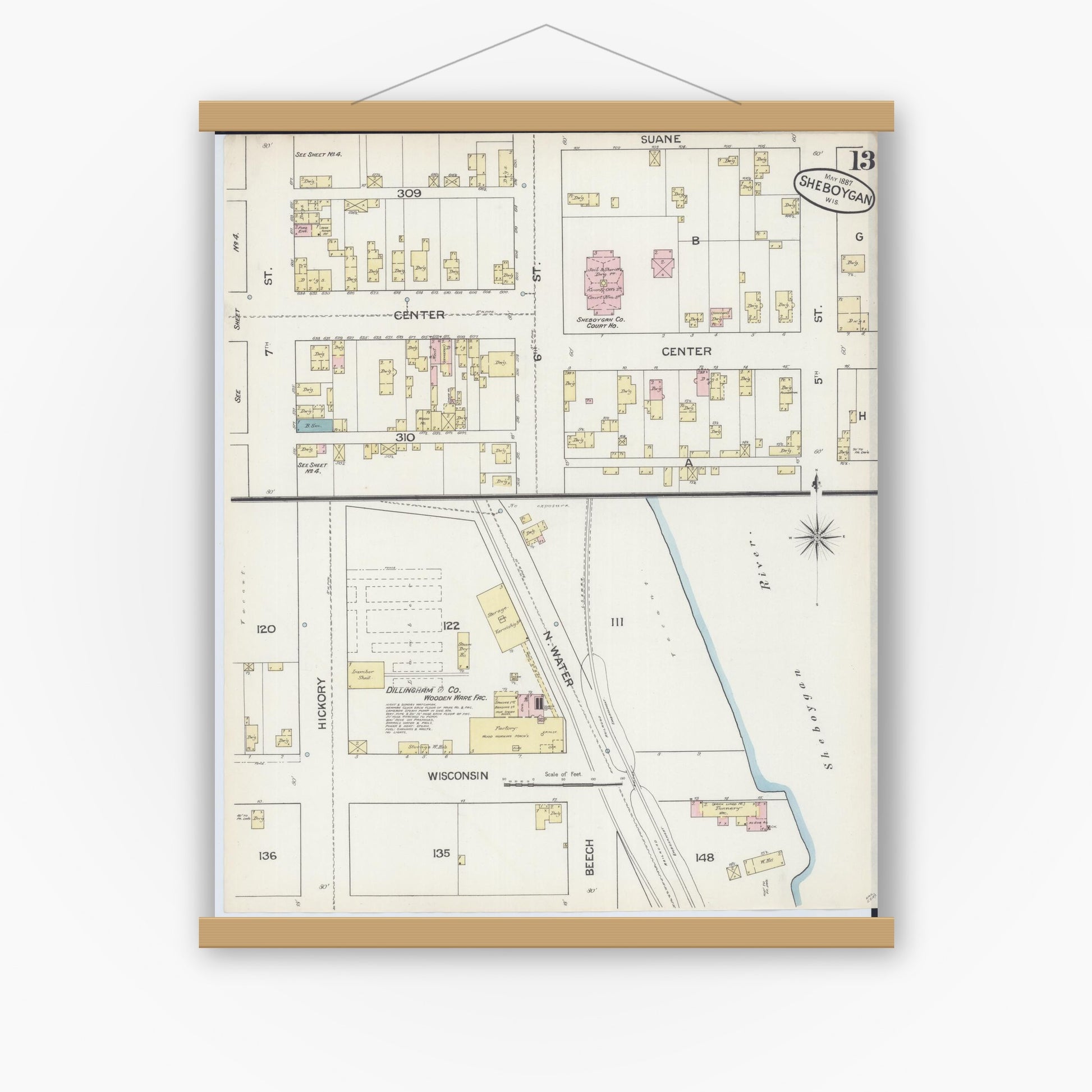Old map wall art mockup — magnetic wood frame on white wall — Sanborn Fire Insurance Map from Sheboygan, Sheboygan County, Wisconsin (1887), Sheet #0013