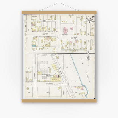 Old map wall art mockup — magnetic wood frame on white wall — Sanborn Fire Insurance Map from Sheboygan, Sheboygan County, Wisconsin (1887), Sheet #0013