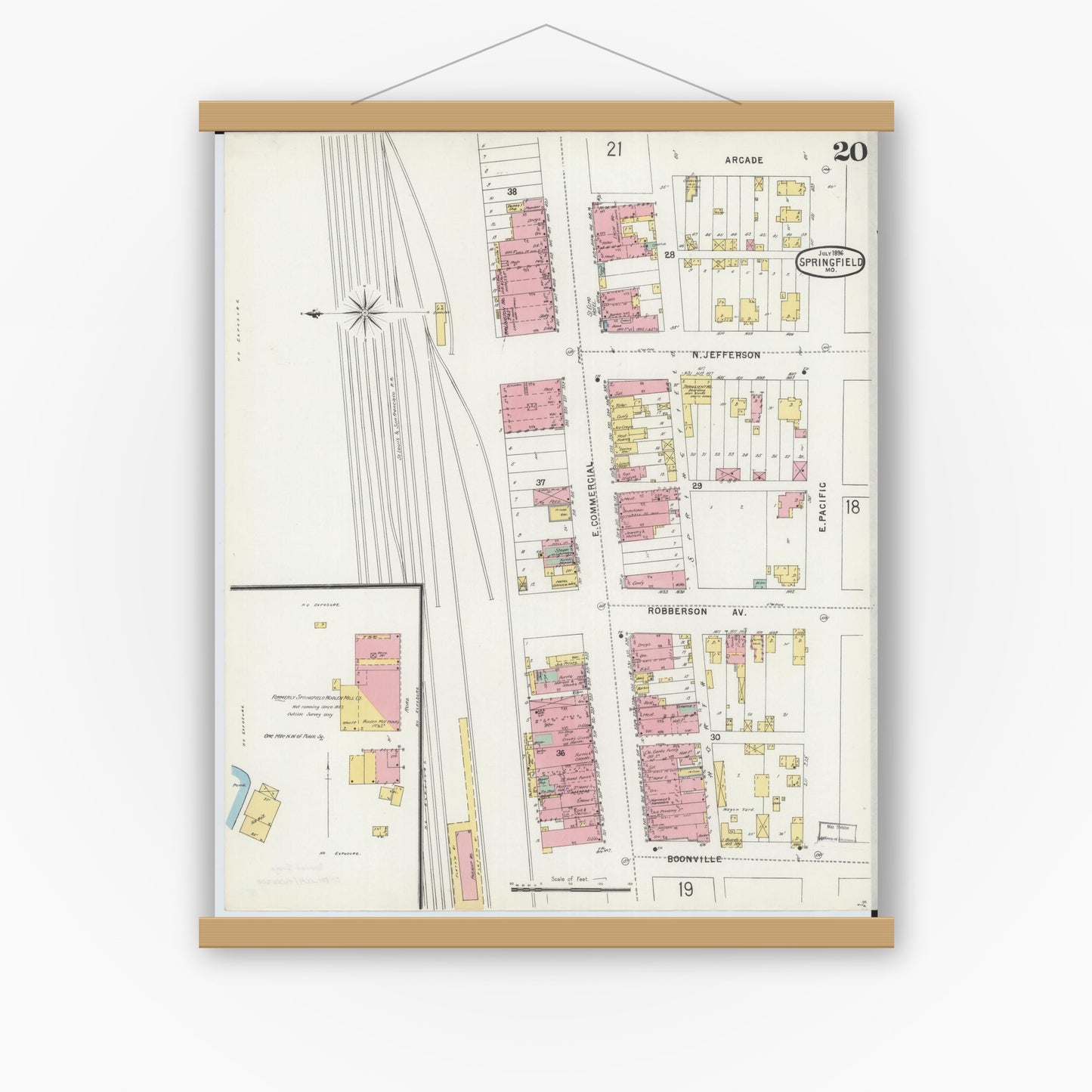Old map wall art mockup — magnetic wood frame on white wall — Sanborn Fire Insurance Map from Springfield, Greene County, Missouri (1896), Sheet #0020