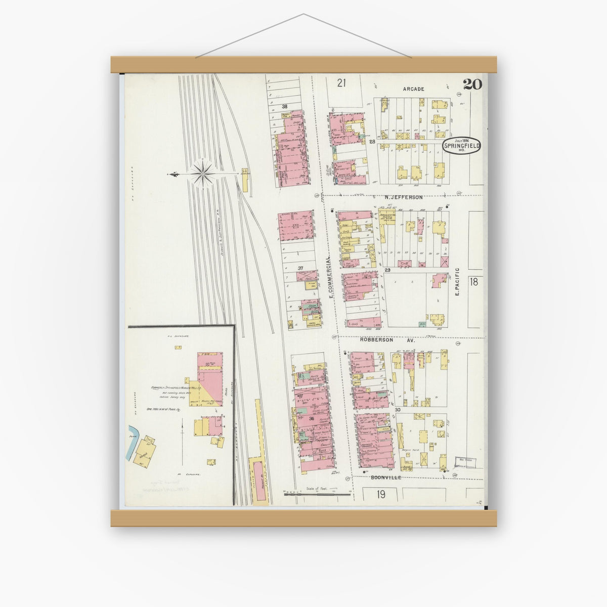 Old map wall art mockup — magnetic wood frame on white wall — Sanborn Fire Insurance Map from Springfield, Greene County, Missouri (1896), Sheet #0020
