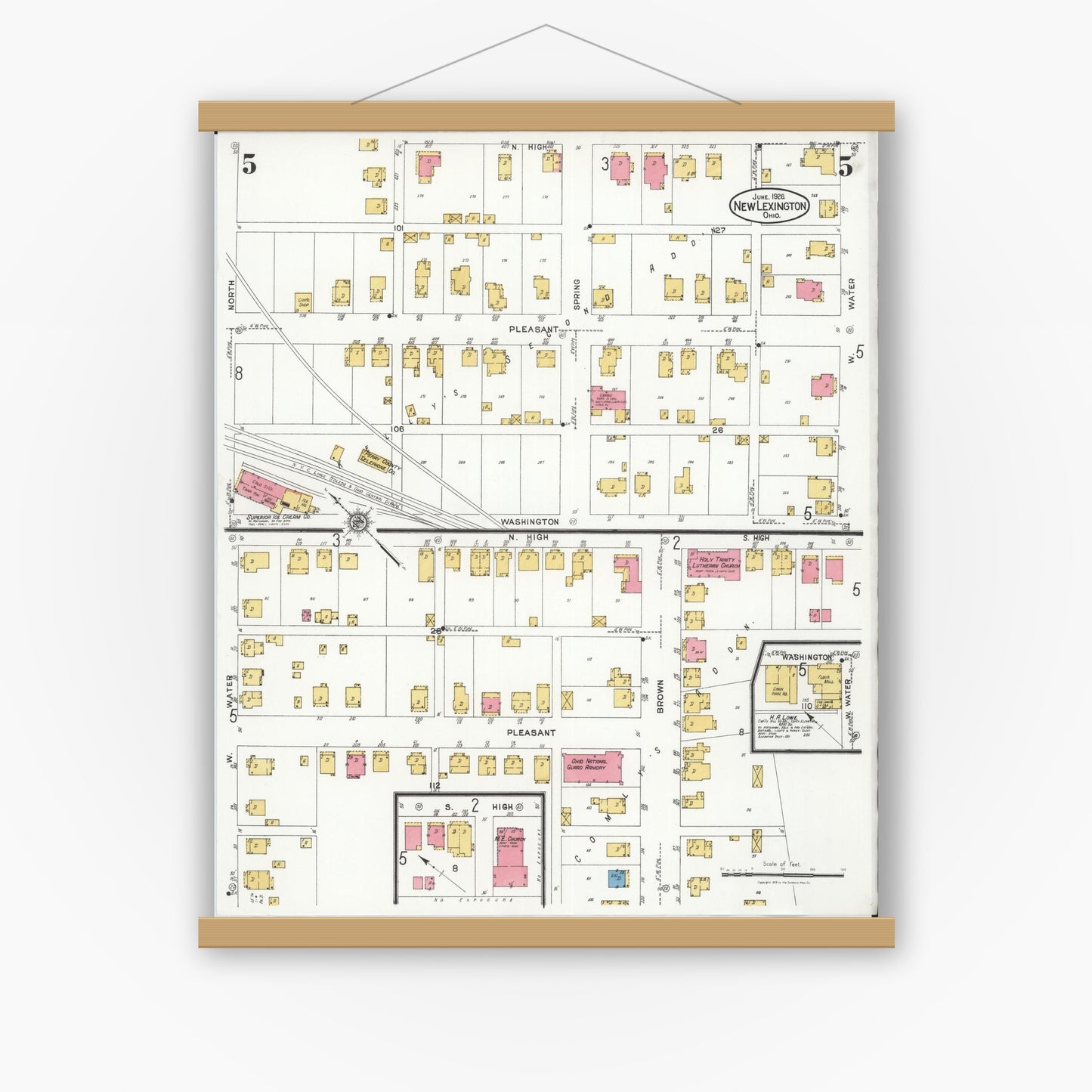 Old map wall art mockup — magnetic wood frame on white wall — Sanborn Fire Insurance Map from New Lexington, Perry County, Ohio (1926), Sheet #0005