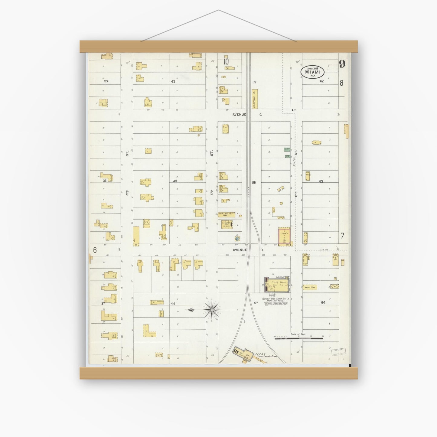 Old map wall art mockup — magnetic wood frame on white wall — Sanborn Fire Insurance Map from Miami, Dade County, Florida (1903), Sheet #0009