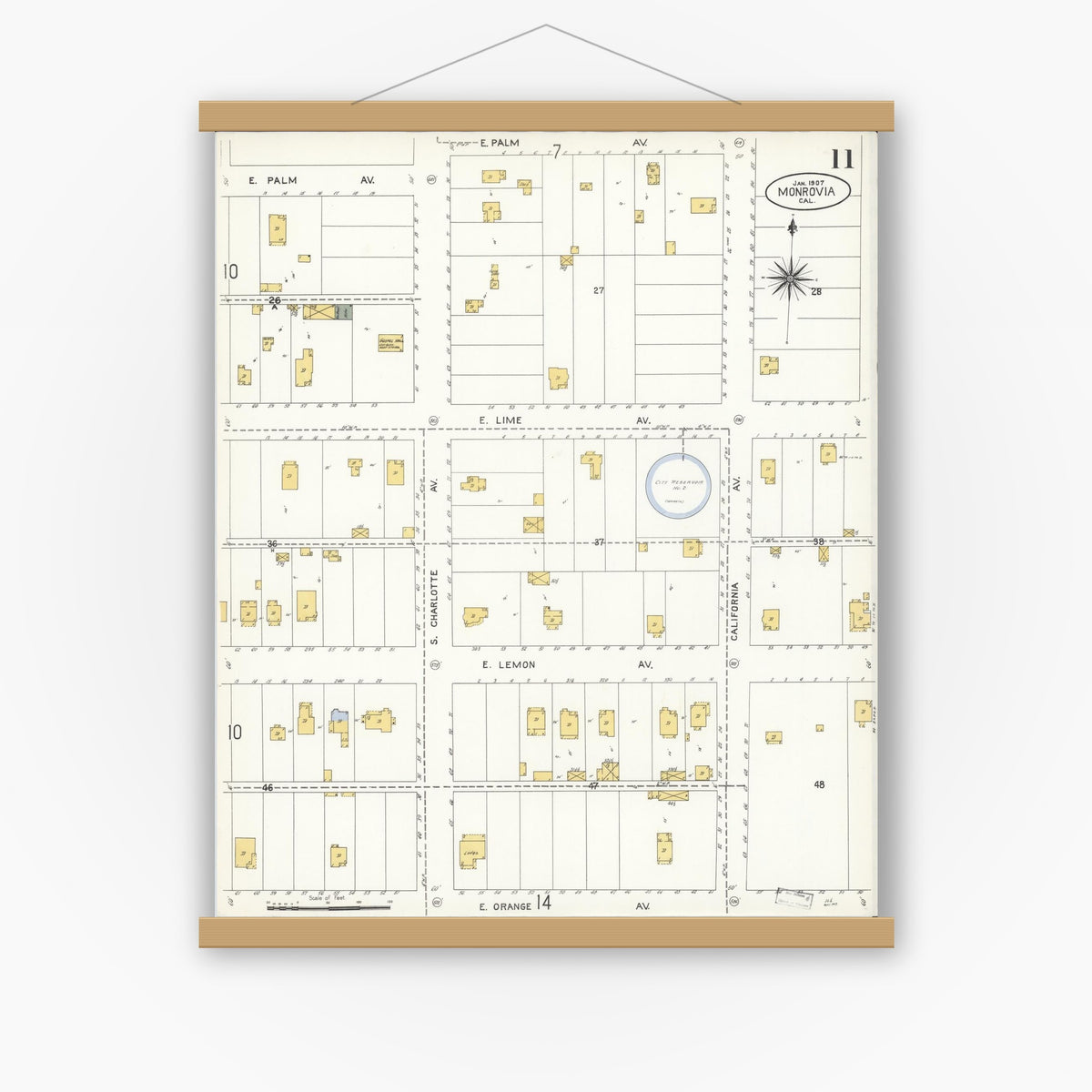 Old map wall art mockup — magnetic wood frame on white wall — Sanborn Fire Insurance Map from Monrovia, Los Angeles County, California (1907), Sheet #0011