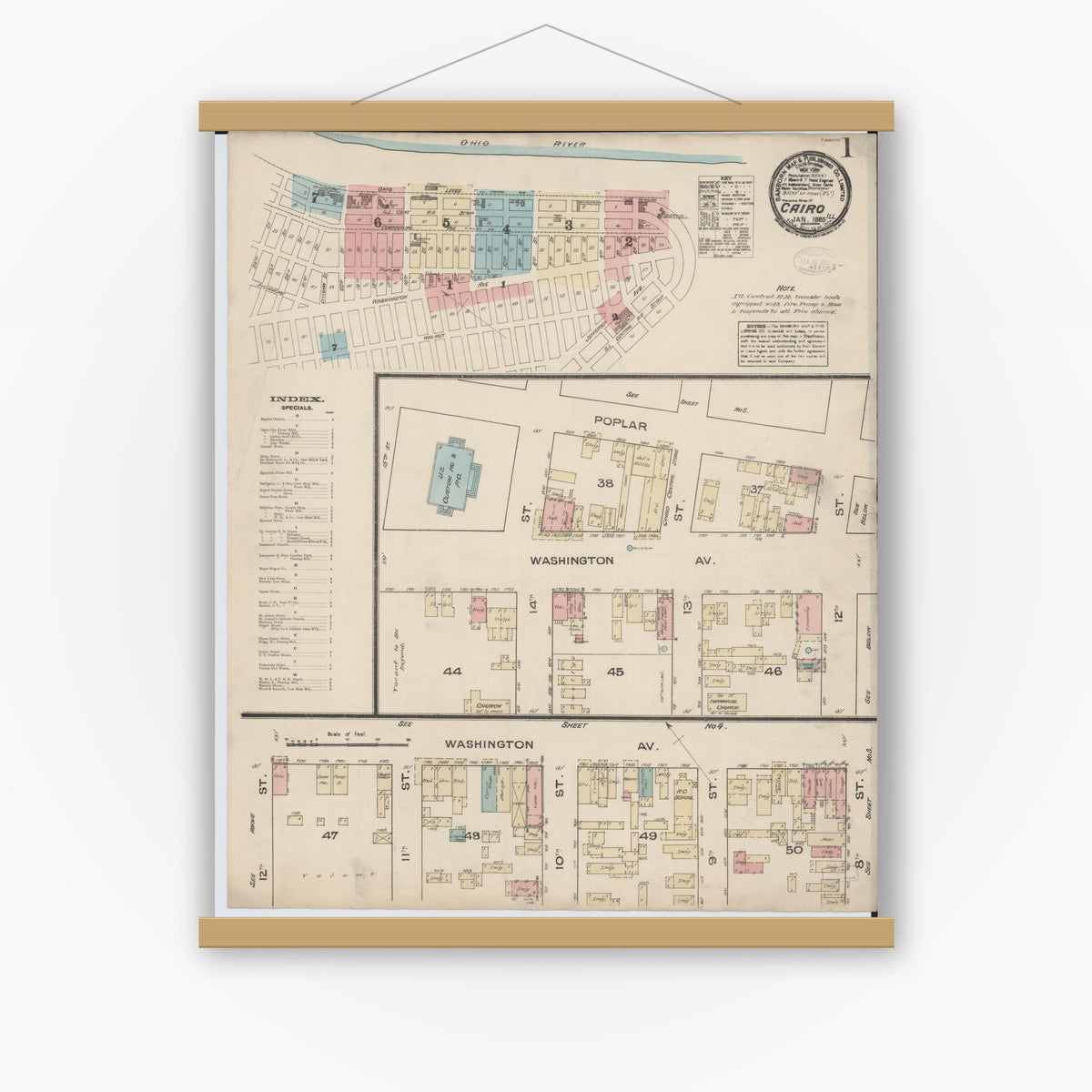 Old map wall art mockup — magnetic wood frame on white wall — Sanborn Fire Insurance Map from Cairo, Alexander County, Illinois (1885) - Complete Map Set