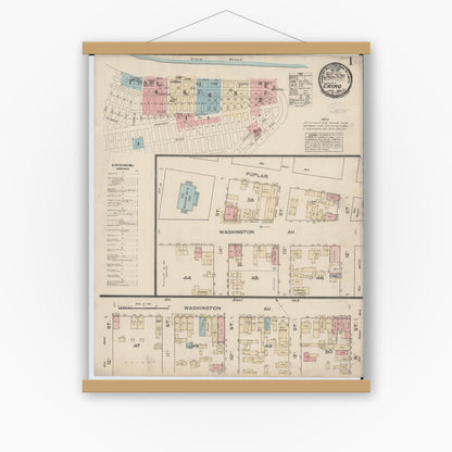 Old map wall art mockup — magnetic wood frame on white wall — Sanborn Fire Insurance Map from Cairo, Alexander County, Illinois (1885) - Complete Map Set