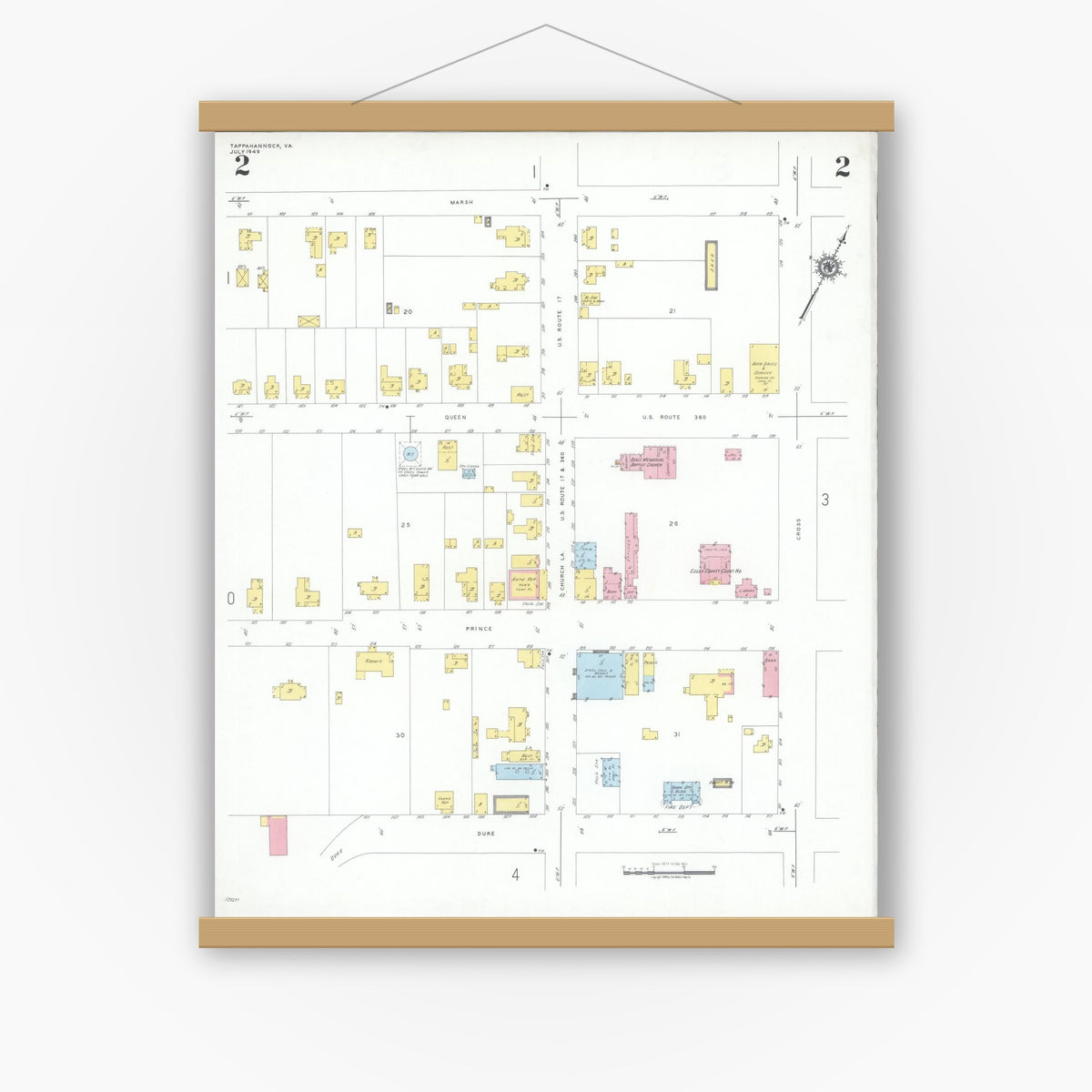 Old map wall art mockup — magnetic wood frame on white wall — Sanborn Fire Insurance Map from Tappahannock, Essex County, Virginia (1949), Sheet #0002