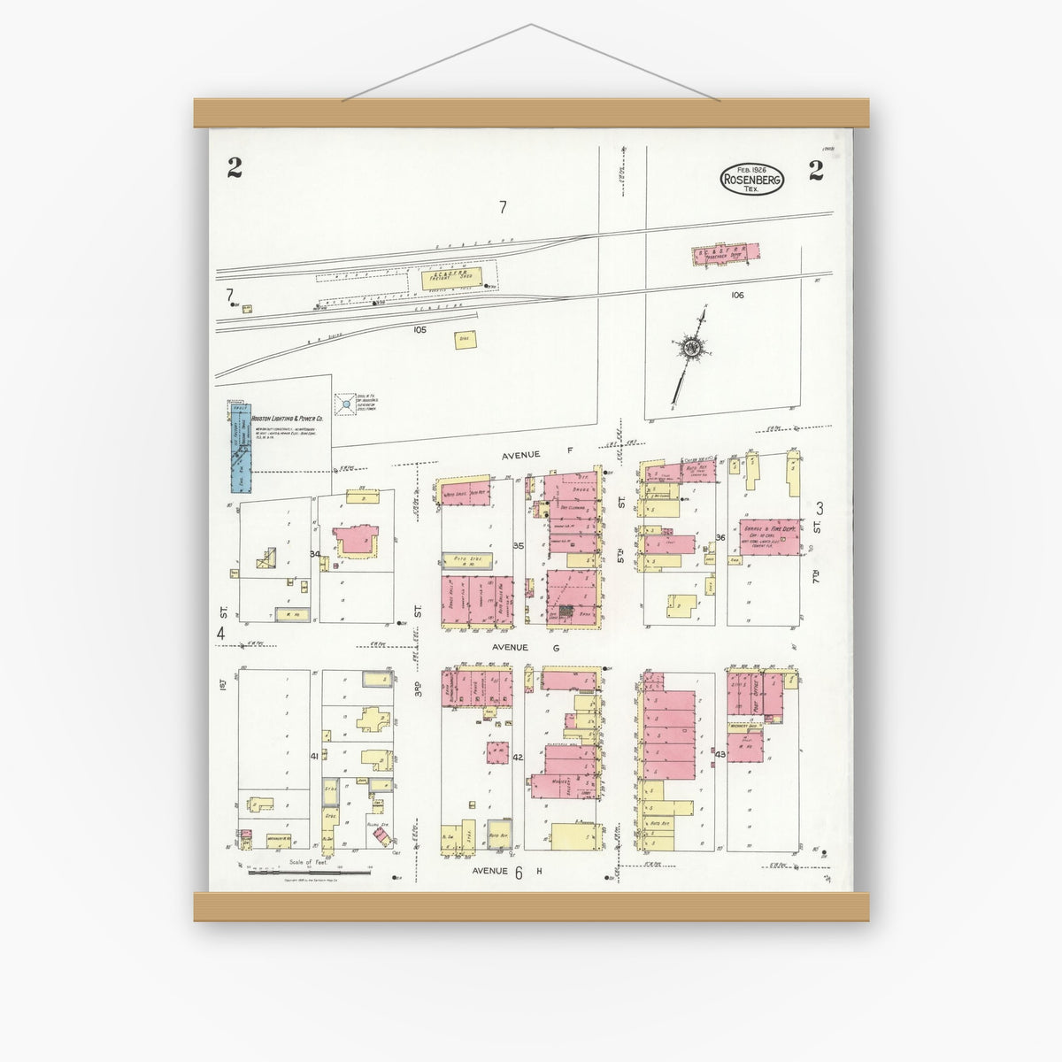 Old map wall art mockup — magnetic wood frame on white wall — Sanborn Fire Insurance Map from Rosenberg, Fort Bend County, Texas (1926), Sheet #0002