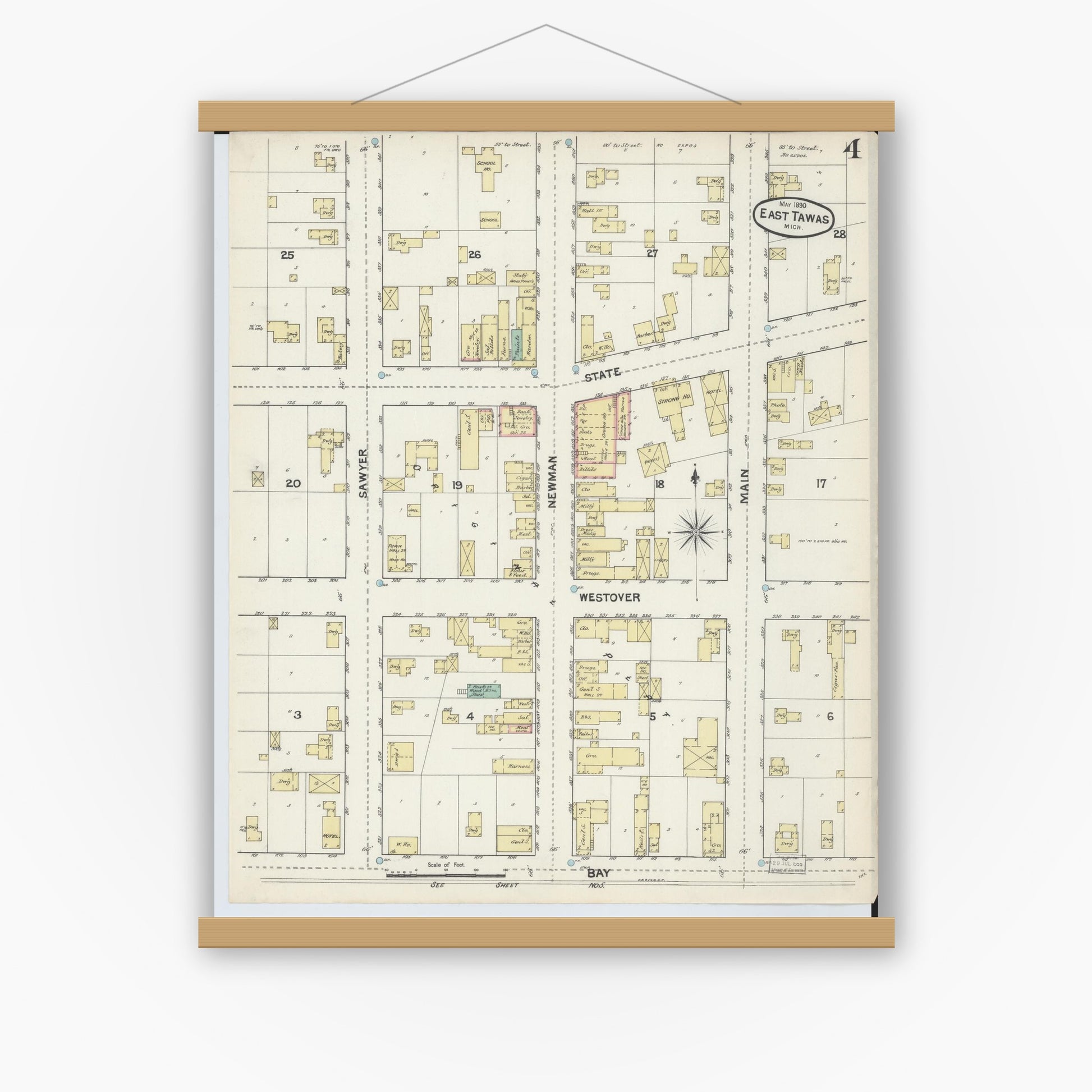 Old map wall art mockup — magnetic wood frame on white wall — Sanborn Fire Insurance Map from East Tawas, Iosco County, Michigan (1890), Sheet #0004