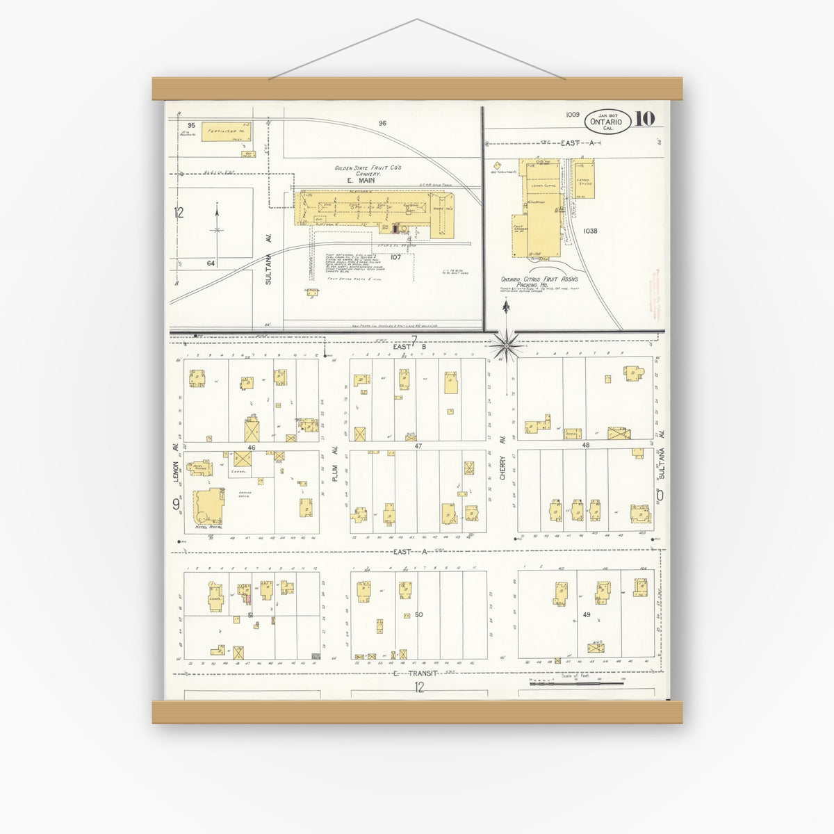 Old map wall art mockup — magnetic wood frame on white wall — Sanborn Fire Insurance Map from Ontario, San Bernardino County, California (1907), Sheet #0010