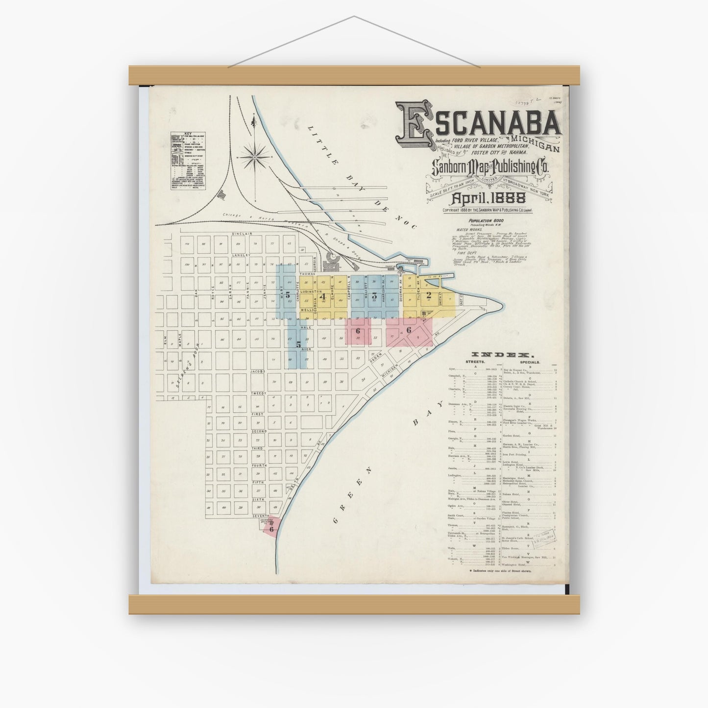 Old map wall art mockup — magnetic wood frame on white wall — Sanborn Fire Insurance Map from Escanaba, Delta County, Michigan (1888), Sheet #0001