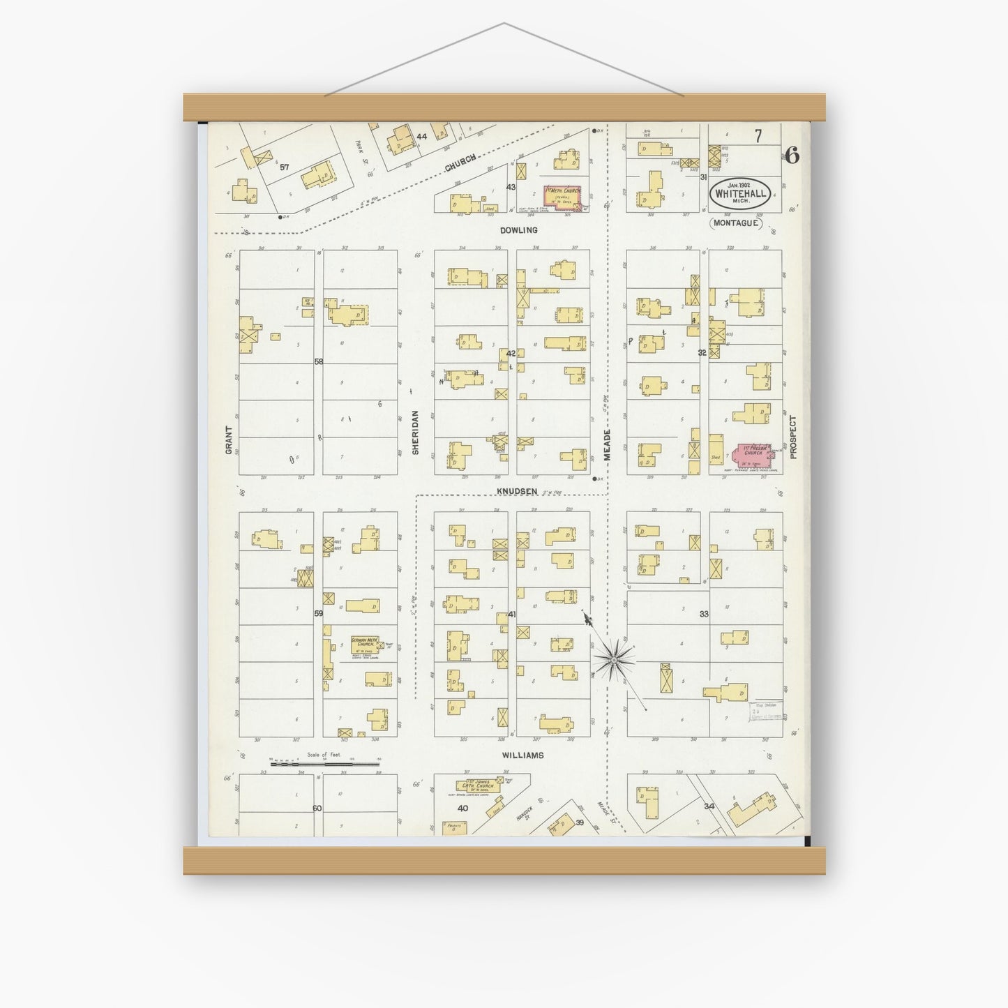 Old map wall art mockup — magnetic wood frame on white wall — Sanborn Fire Insurance Map from Whitehall, Muskegon County, Michigan (1902), Sheet #0006