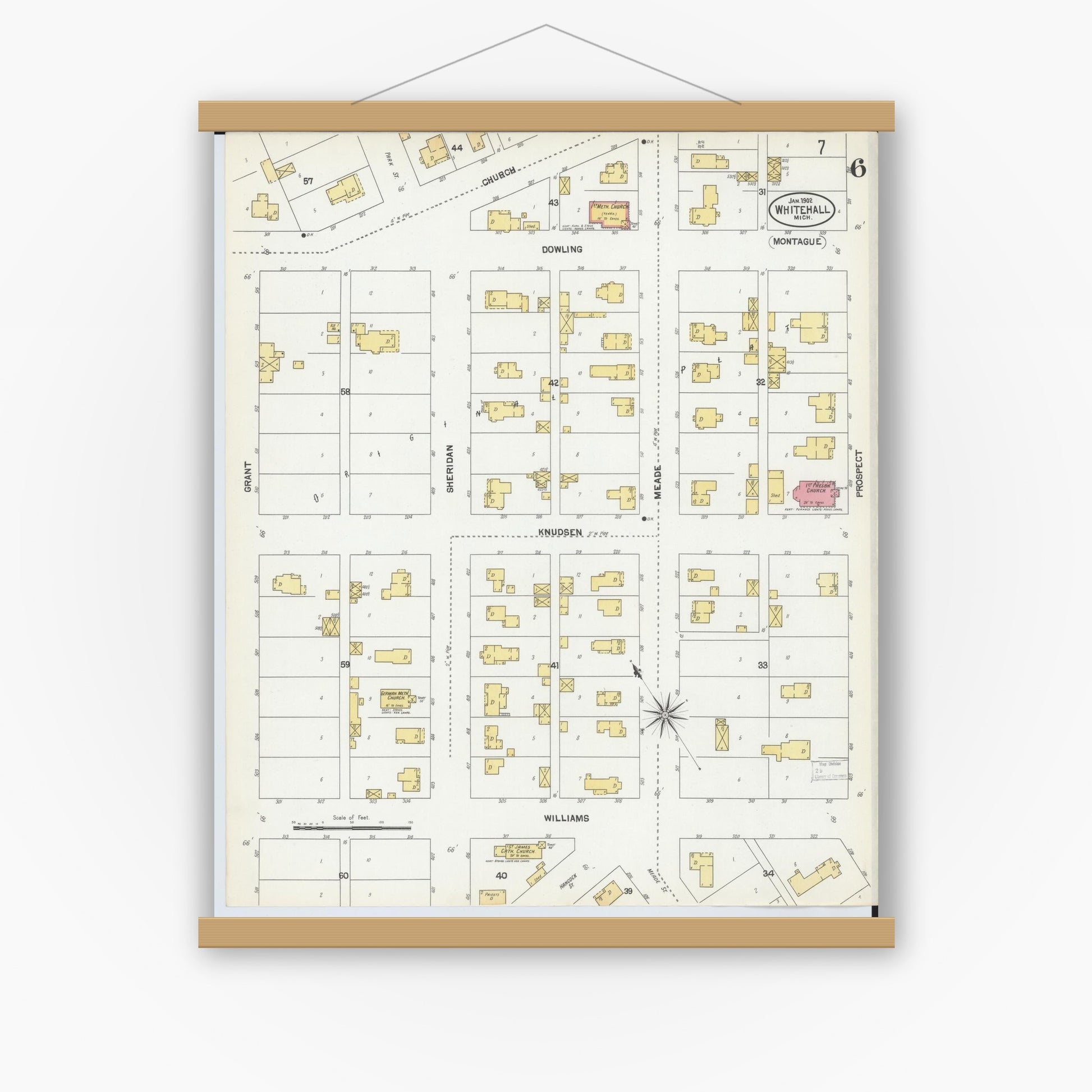 Old map wall art mockup — magnetic wood frame on white wall — Sanborn Fire Insurance Map from Whitehall, Muskegon County, Michigan (1902), Sheet #0006