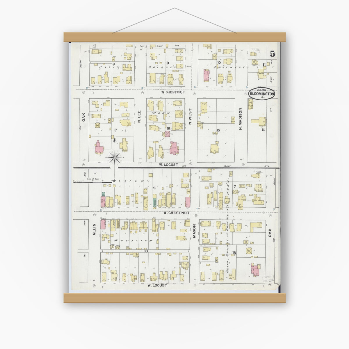 Old map wall art mockup — magnetic wood frame on white wall — Sanborn Fire Insurance Map from Bloomington, McLean County, Illinois (1892), Sheet #0005