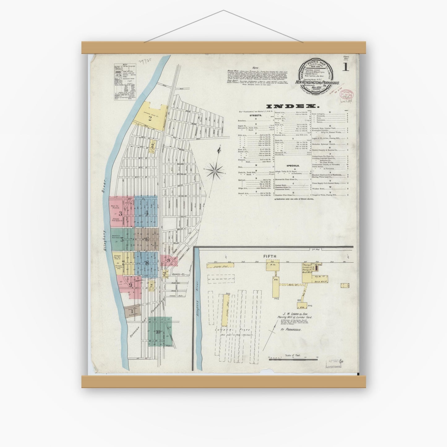 Old map wall art mockup — magnetic wood frame on white wall — Sanborn Fire Insurance Map from New Kensington, Westmoreland County, Pennsylvania (1895) - Complete Map Set