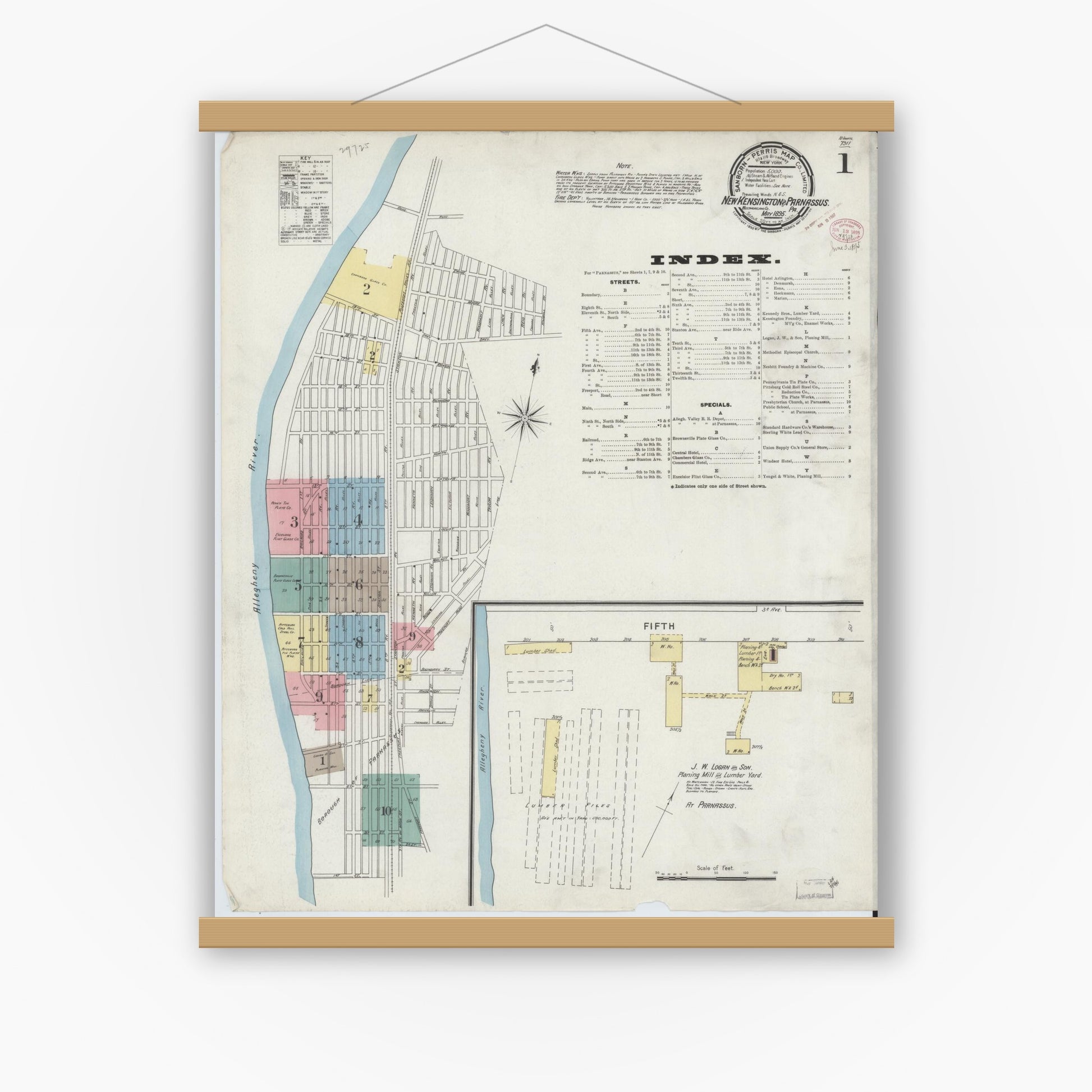 Old map wall art mockup — magnetic wood frame on white wall — Sanborn Fire Insurance Map from New Kensington, Westmoreland County, Pennsylvania (1895) - Complete Map Set
