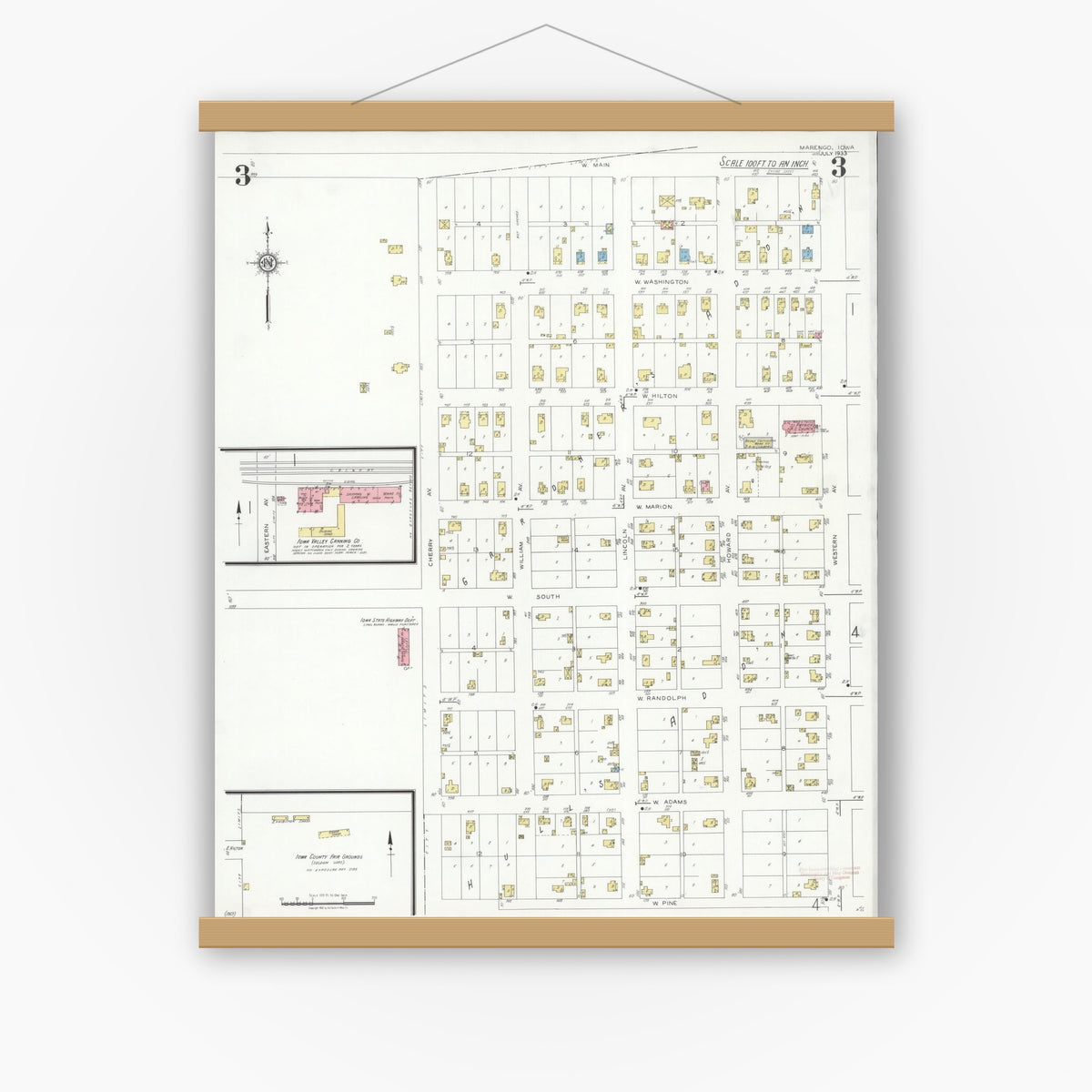 Old map wall art mockup — magnetic wood frame on white wall — Sanborn Fire Insurance Map from Marengo, Iowa County, Iowa (1933), Sheet #0003