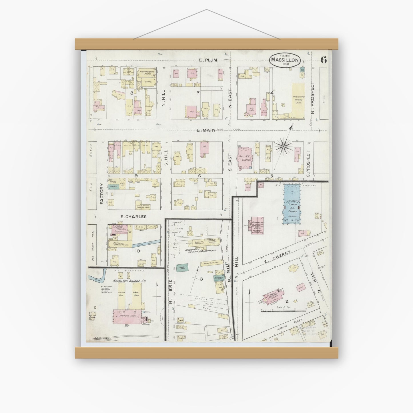 Old map wall art mockup — magnetic wood frame on white wall — Sanborn Fire Insurance Map from Massillon, Stark County, Ohio (1887), Sheet #0006