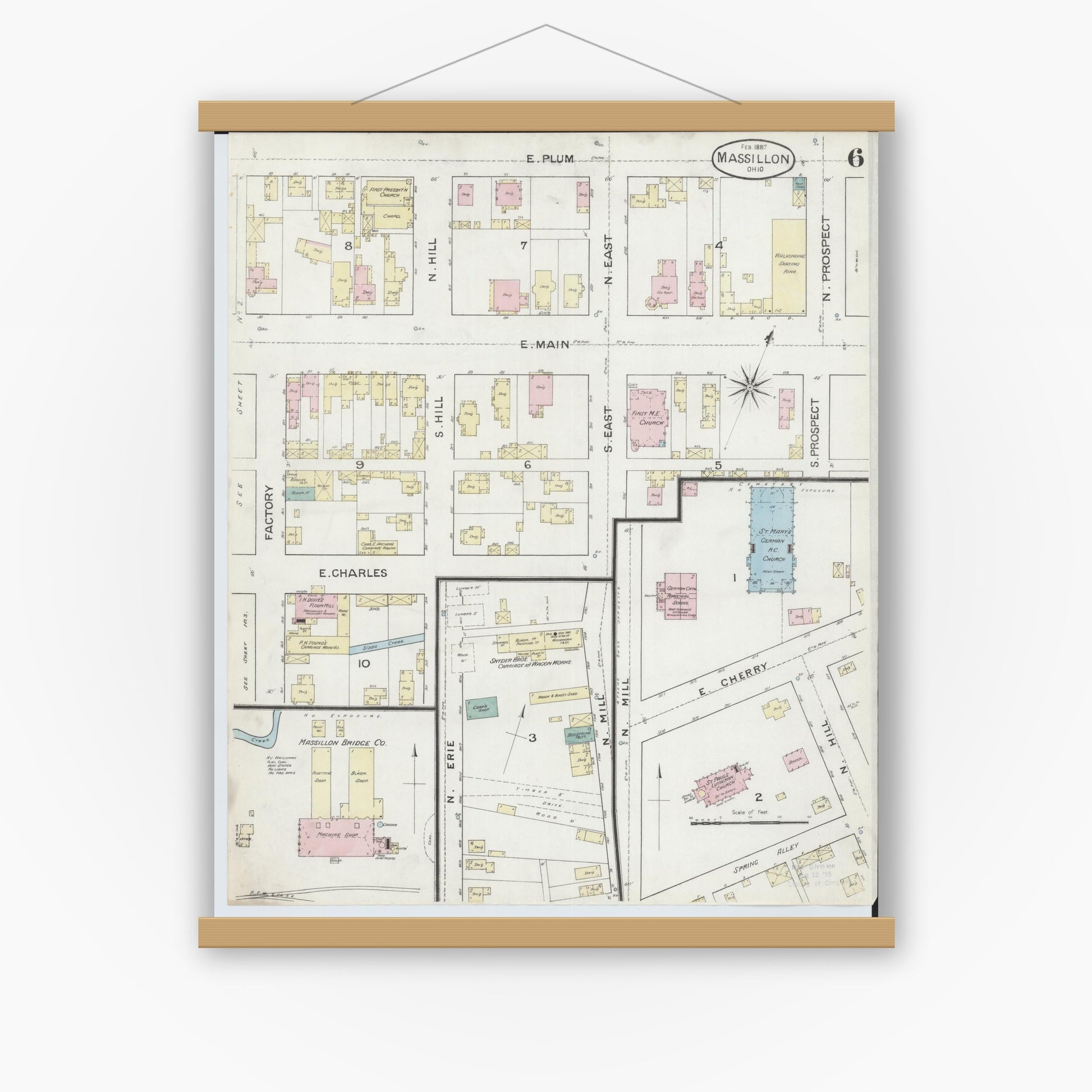 Old map wall art mockup — magnetic wood frame on white wall — Sanborn Fire Insurance Map from Massillon, Stark County, Ohio (1887), Sheet #0006