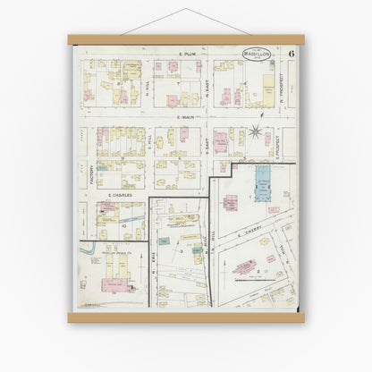 Old map wall art mockup — magnetic wood frame on white wall — Sanborn Fire Insurance Map from Massillon, Stark County, Ohio (1887), Sheet #0006
