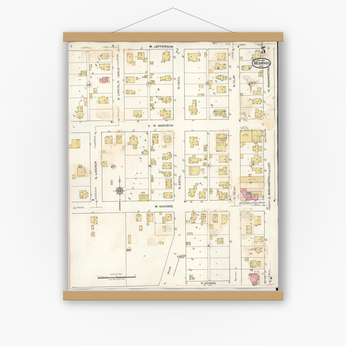 Old map wall art mockup — magnetic wood frame on white wall — Sanborn Fire Insurance Map from Memphis, Scotland County, Missouri (1936), Sheet #0005