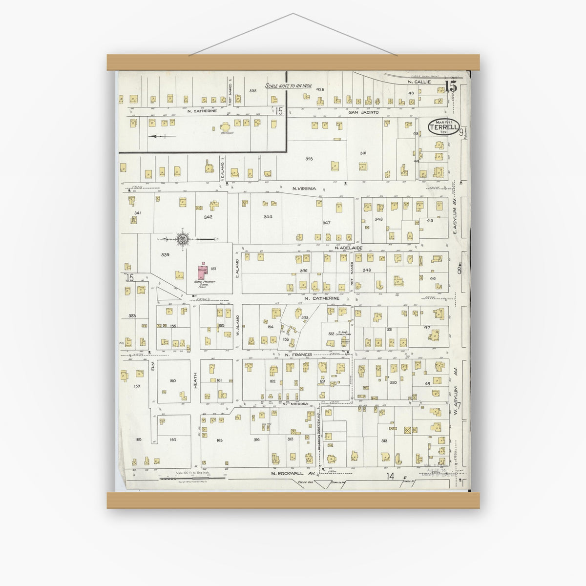 Old map wall art mockup — magnetic wood frame on white wall — Sanborn Fire Insurance Map from Terrell, Kaufman County, Texas (1921), Sheet #0015