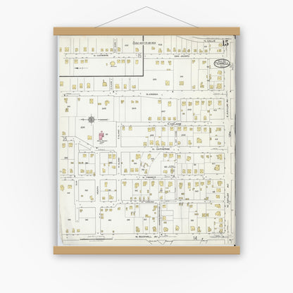 Old map wall art mockup — magnetic wood frame on white wall — Sanborn Fire Insurance Map from Terrell, Kaufman County, Texas (1921), Sheet #0015