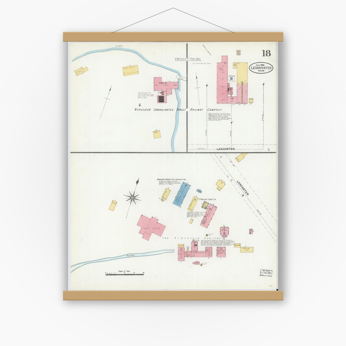 Old map wall art mockup — magnetic wood frame on white wall — Sanborn Fire Insurance Map from Leominster, Worcester County, Massachusetts (1906), Sheet #0018