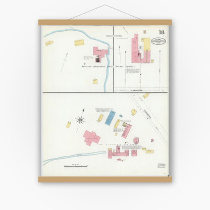 Old map wall art mockup — magnetic wood frame on white wall — Sanborn Fire Insurance Map from Leominster, Worcester County, Massachusetts (1906), Sheet #0018