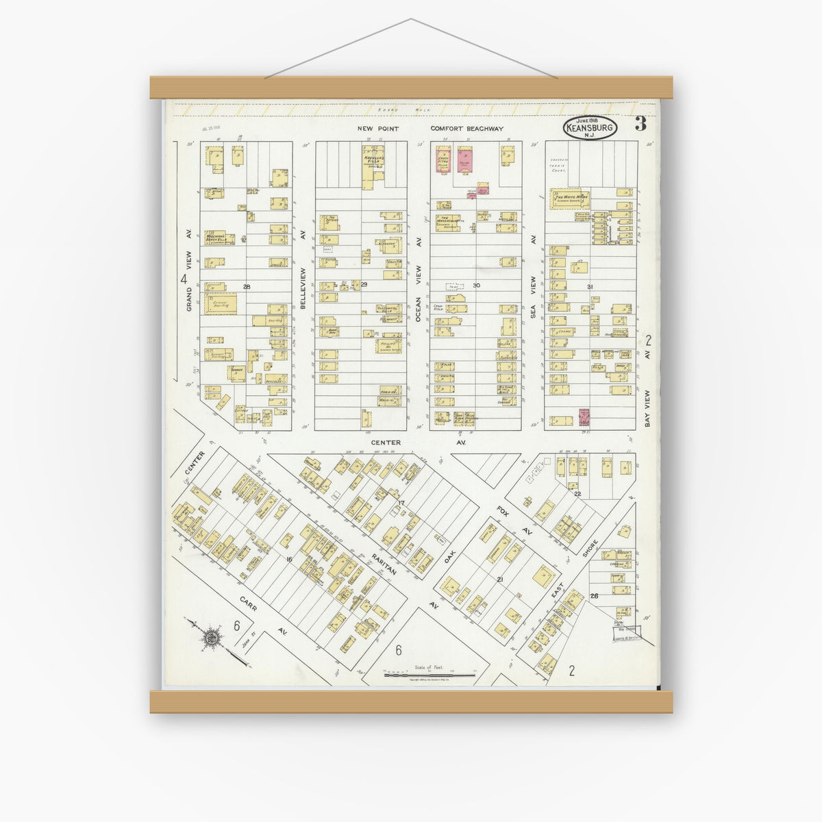 Old map wall art mockup — magnetic wood frame on white wall — Sanborn Fire Insurance Map from Keansburg, Monmouth County, New Jersey (1918), Sheet #0003