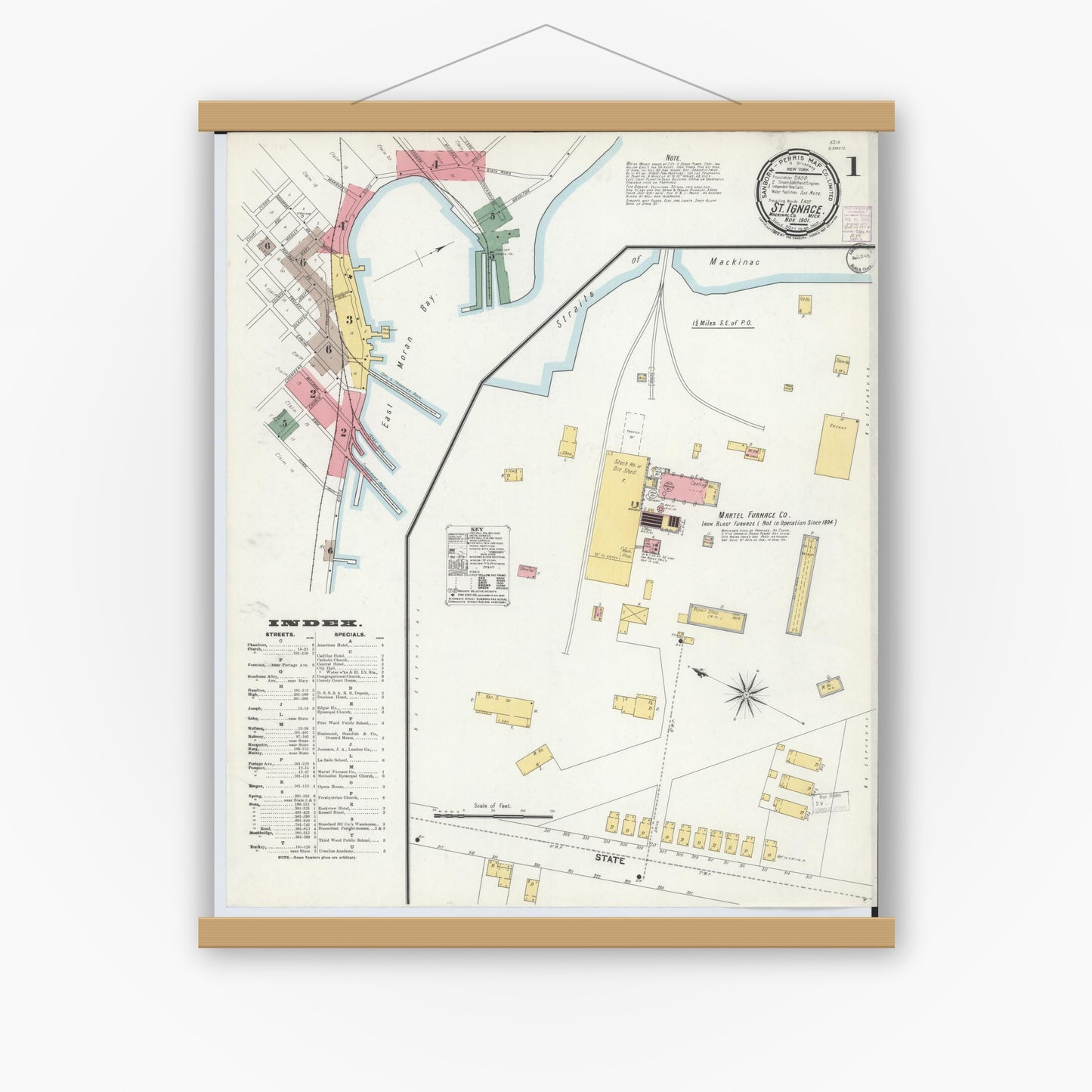 Old map wall art mockup — magnetic wood frame on white wall — Sanborn Fire Insurance Map from Saint Ignace, Mackinac County, Michigan (1901) - Complete Map Set