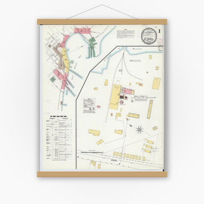 Old map wall art mockup — magnetic wood frame on white wall — Sanborn Fire Insurance Map from Saint Ignace, Mackinac County, Michigan (1901) - Complete Map Set