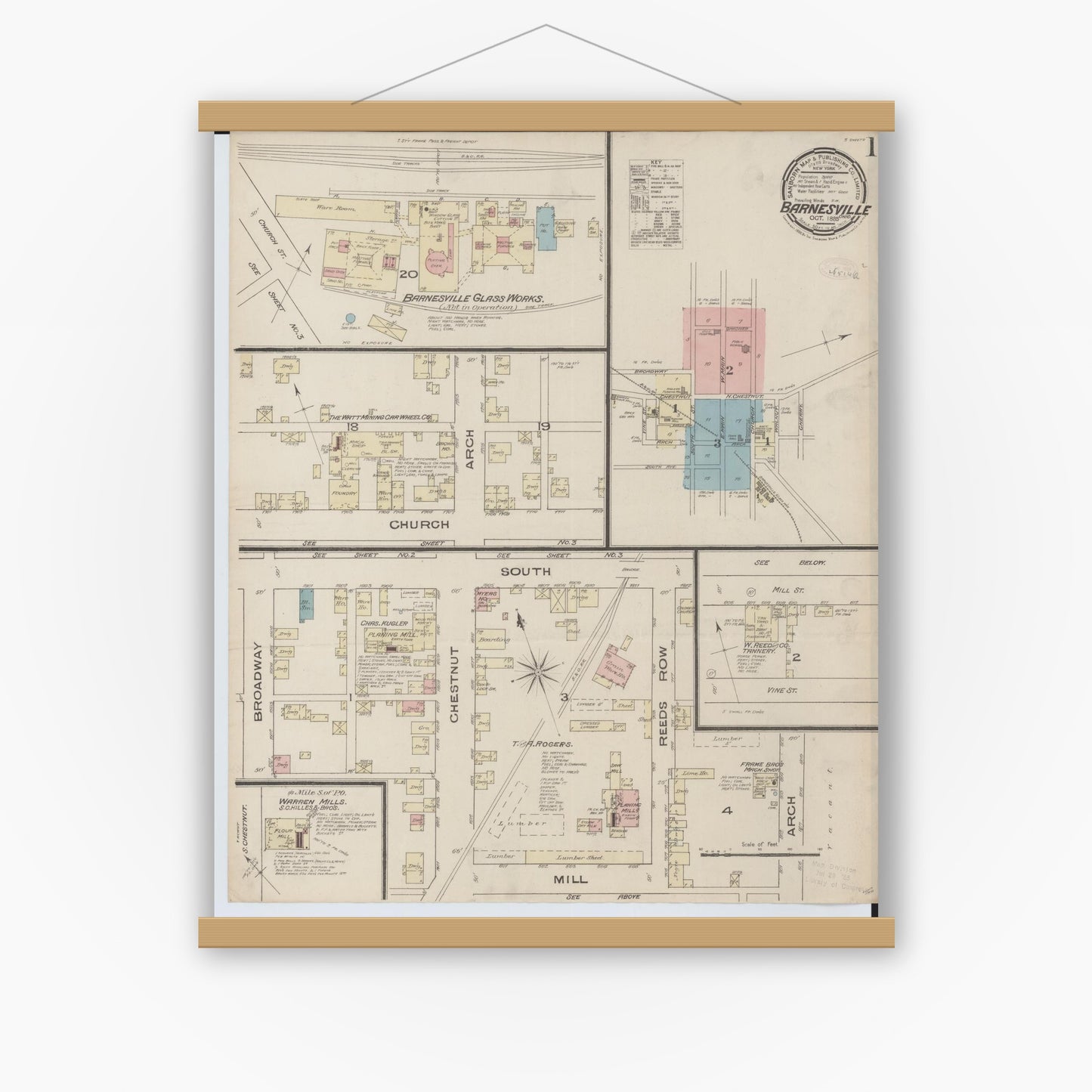 Old map wall art mockup — magnetic wood frame on white wall — Sanborn Fire Insurance Map from Barnesville, Belmont County, Ohio (1885) - Complete Map Set