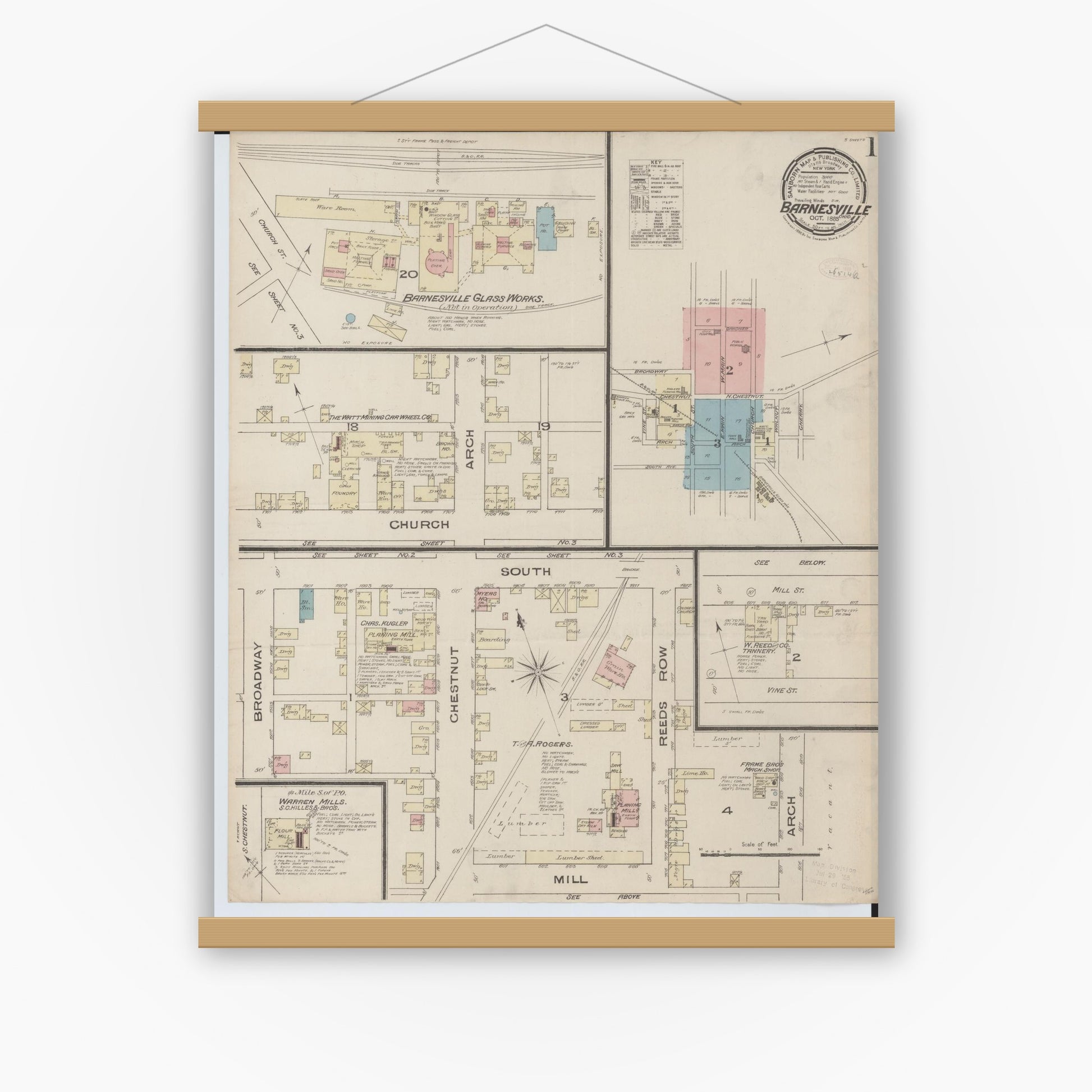 Old map wall art mockup — magnetic wood frame on white wall — Sanborn Fire Insurance Map from Barnesville, Belmont County, Ohio (1885) - Complete Map Set