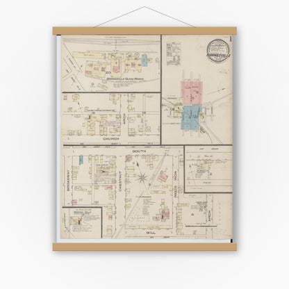 Old map wall art mockup — magnetic wood frame on white wall — Sanborn Fire Insurance Map from Barnesville, Belmont County, Ohio (1885) - Complete Map Set