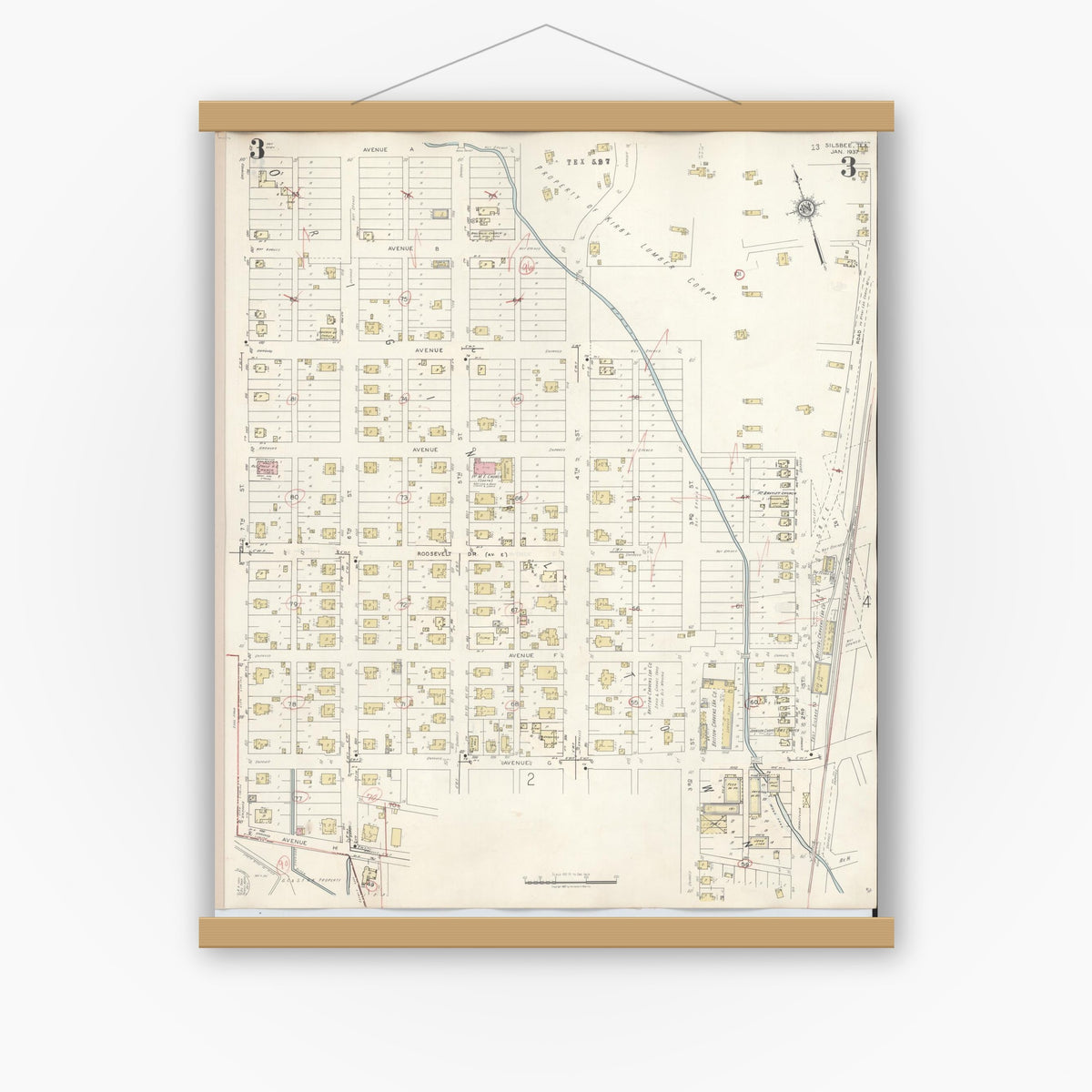 Old map wall art mockup — magnetic wood frame on white wall — Sanborn Fire Insurance Map from Silsbee, Hardin County, Texas (1942), Sheet #0003