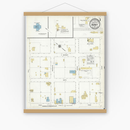 Old map wall art mockup — magnetic wood frame on white wall — Sanborn Fire Insurance Map from Burnet, Burnet County, Texas (1912), Sheet #0001