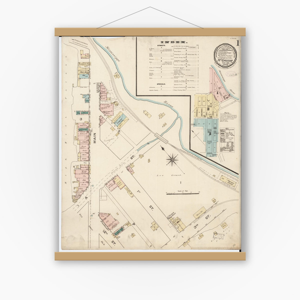 Old map wall art mockup — magnetic wood frame on white wall — Sanborn Fire Insurance Map from McGregor, Clayton County, Iowa (1886), Sheet #0001